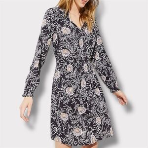 LOFT Long Sleeve Floral Mini Dress Women's XL Gray Pink White Peonies